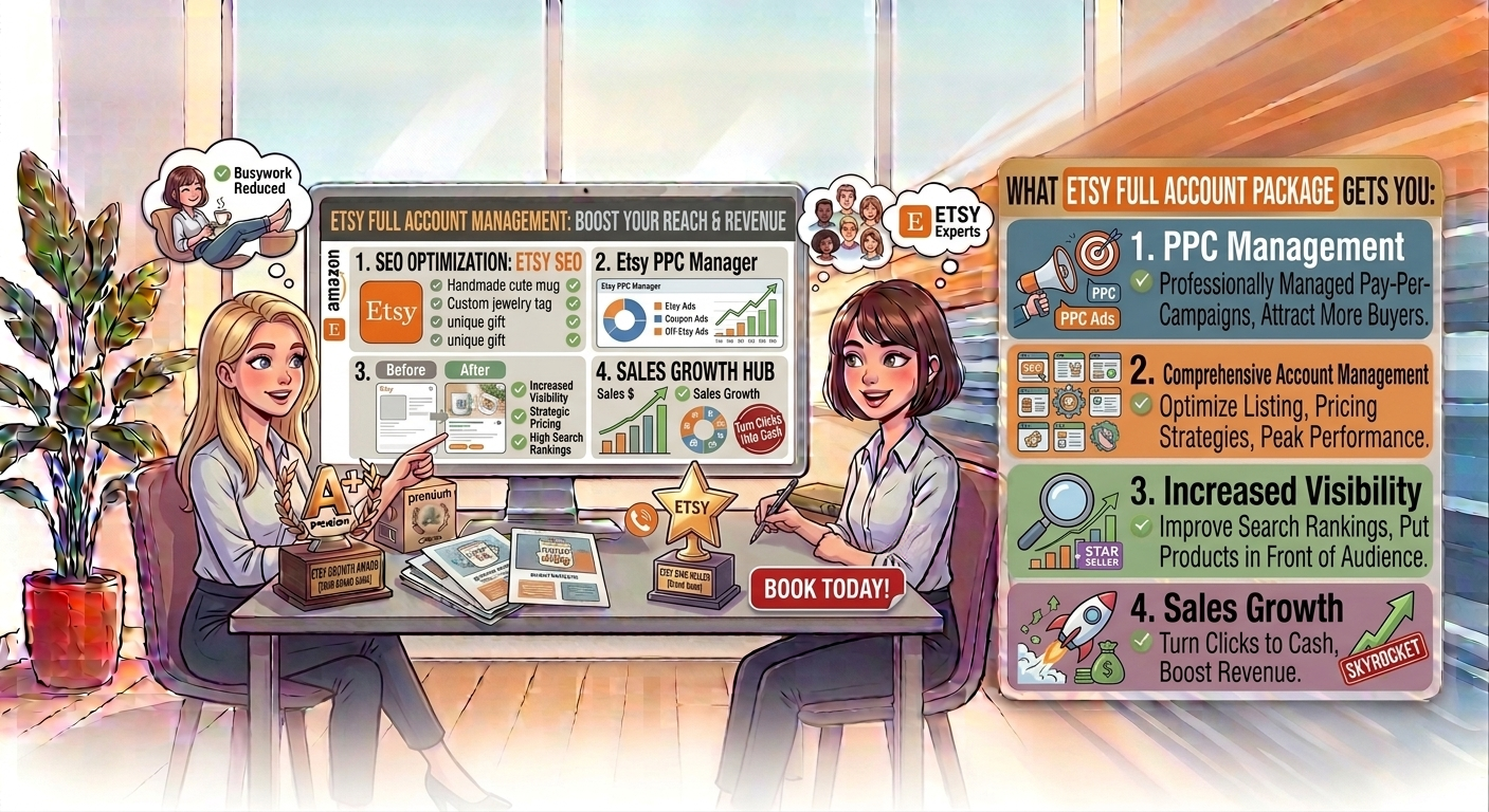 Take your Etsy store to the next level with our Full Account Management Package—because who has time to handle every tiny detail alone? From PPC ads to store optimization, our expert team tackles it all, boosting your visibility, sales, and overall Etsy awesomeness.