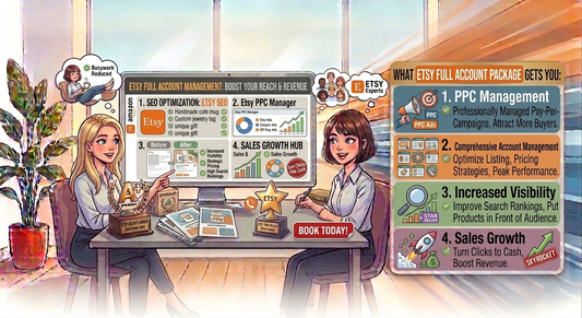 Take your Etsy store to the next level with our Full Account Management Package—because who has time to handle every tiny detail alone? From PPC ads to store optimization, our expert team tackles it all, boosting your visibility, sales, and overall Etsy awesomeness.